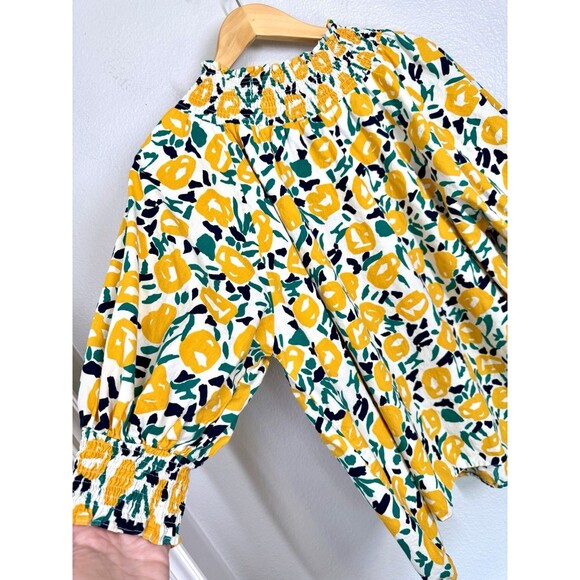 ODDY Womens Size 1XL Lemon Yellow Floral Print Blouse Puff Sleeves Spring Summer - Picture 5 of 10
